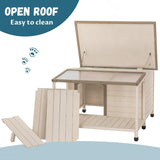 Outdoor fir wood dog house with an open roof for medium to large dogs. Dog house with large terrace