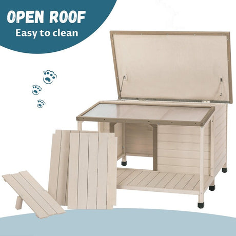 Outdoor fir wood dog house with an open roof for medium to large dogs. Dog house with large terrace