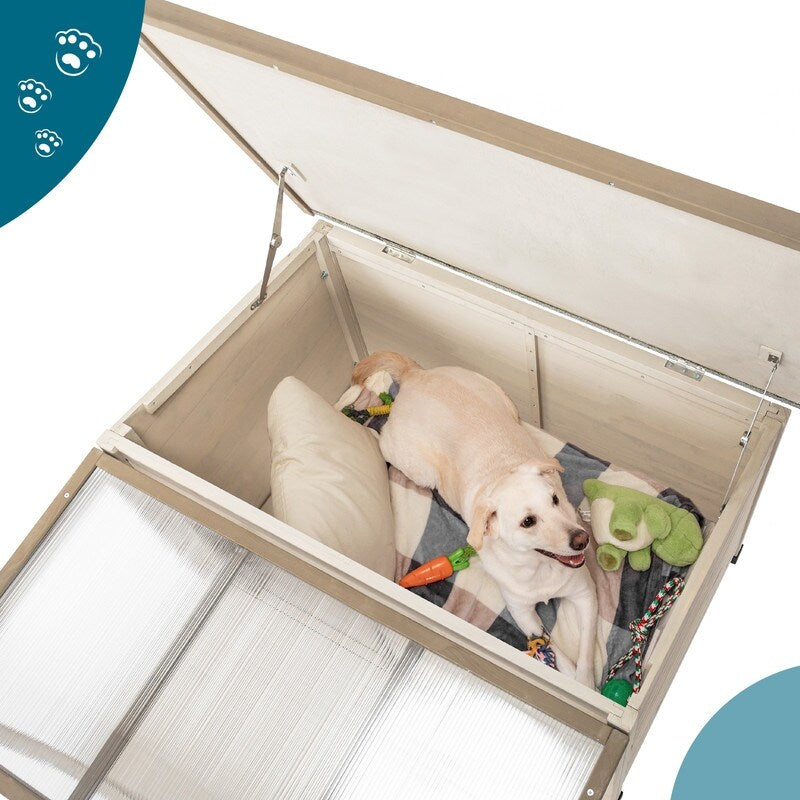 Outdoor fir wood dog house with an open roof for medium to large dogs. Dog house with large terrace