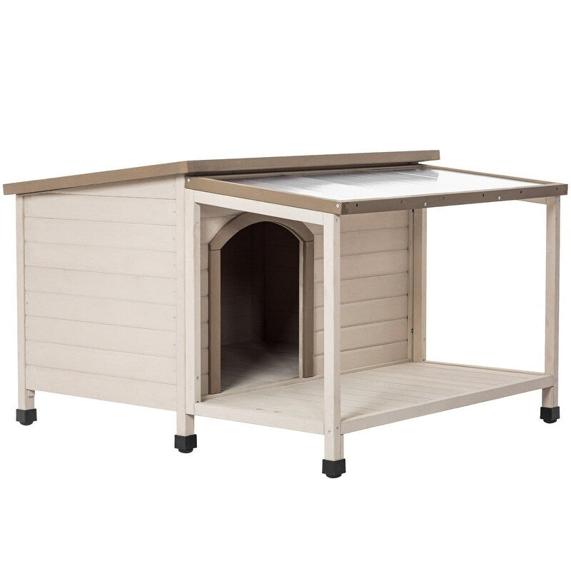 Outdoor fir wood dog house with an open roof for medium to large dogs. Dog house with large terrace