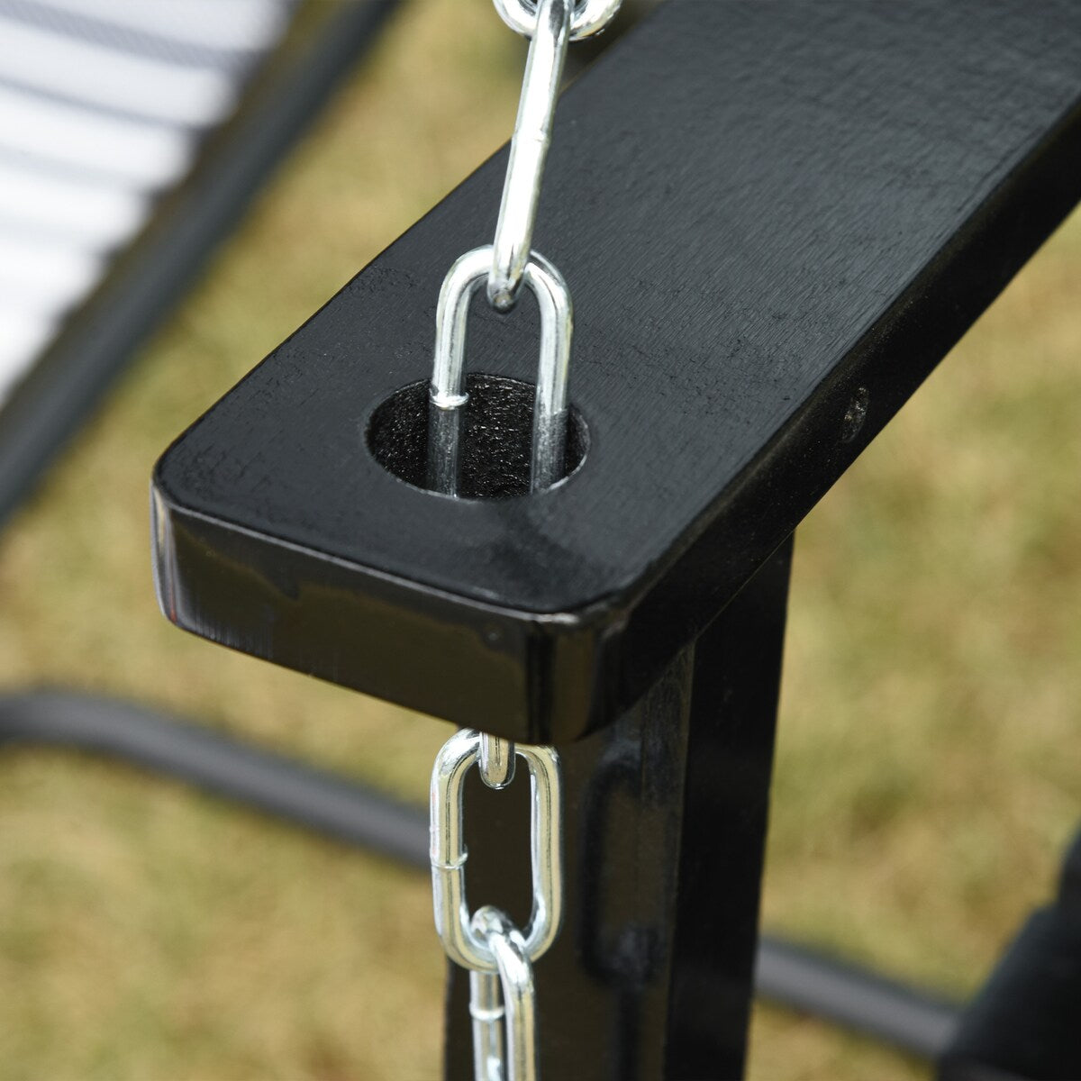 Outdoor hanging wooden porch swing with chain