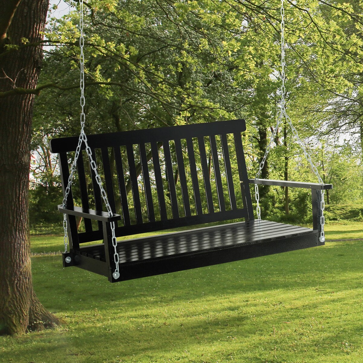 Outdoor hanging wooden porch swing with chain
