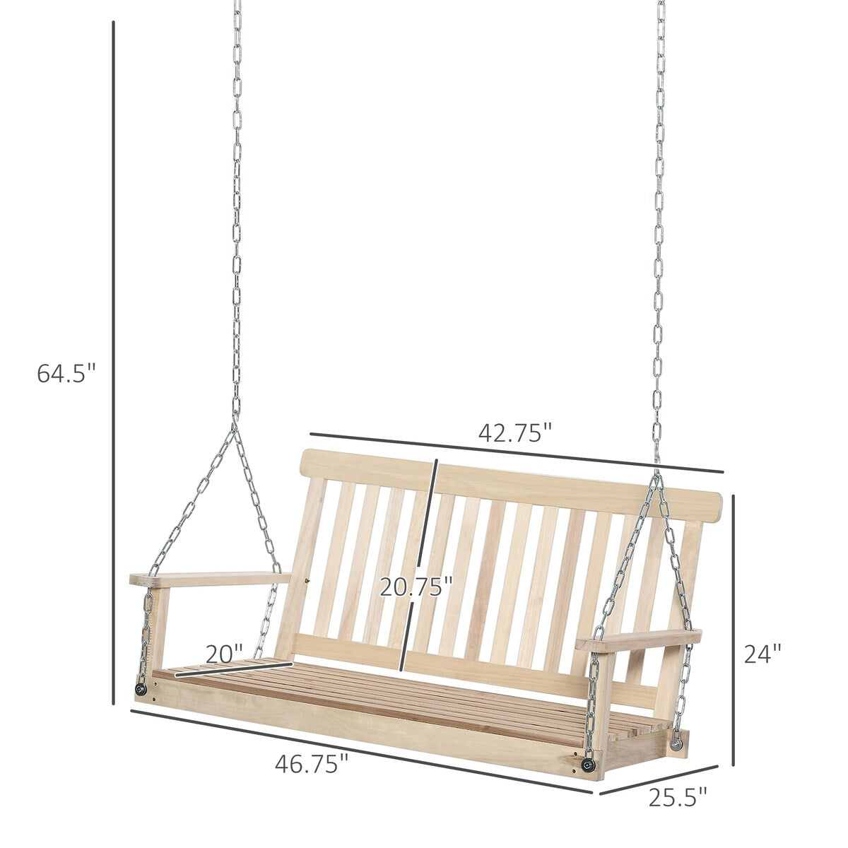 Outdoor hanging wooden porch swing with chain