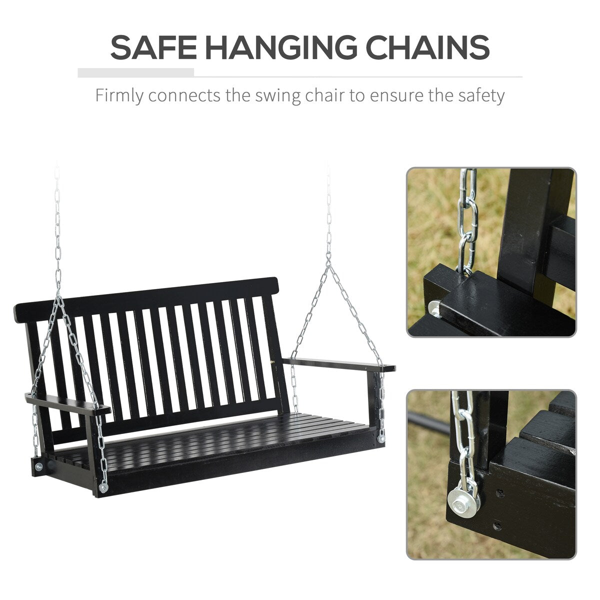 Outdoor hanging wooden porch swing with chain
