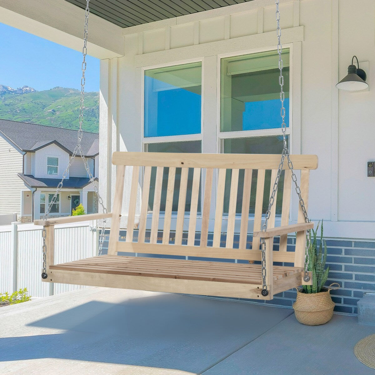 Outdoor hanging wooden porch swing with chain