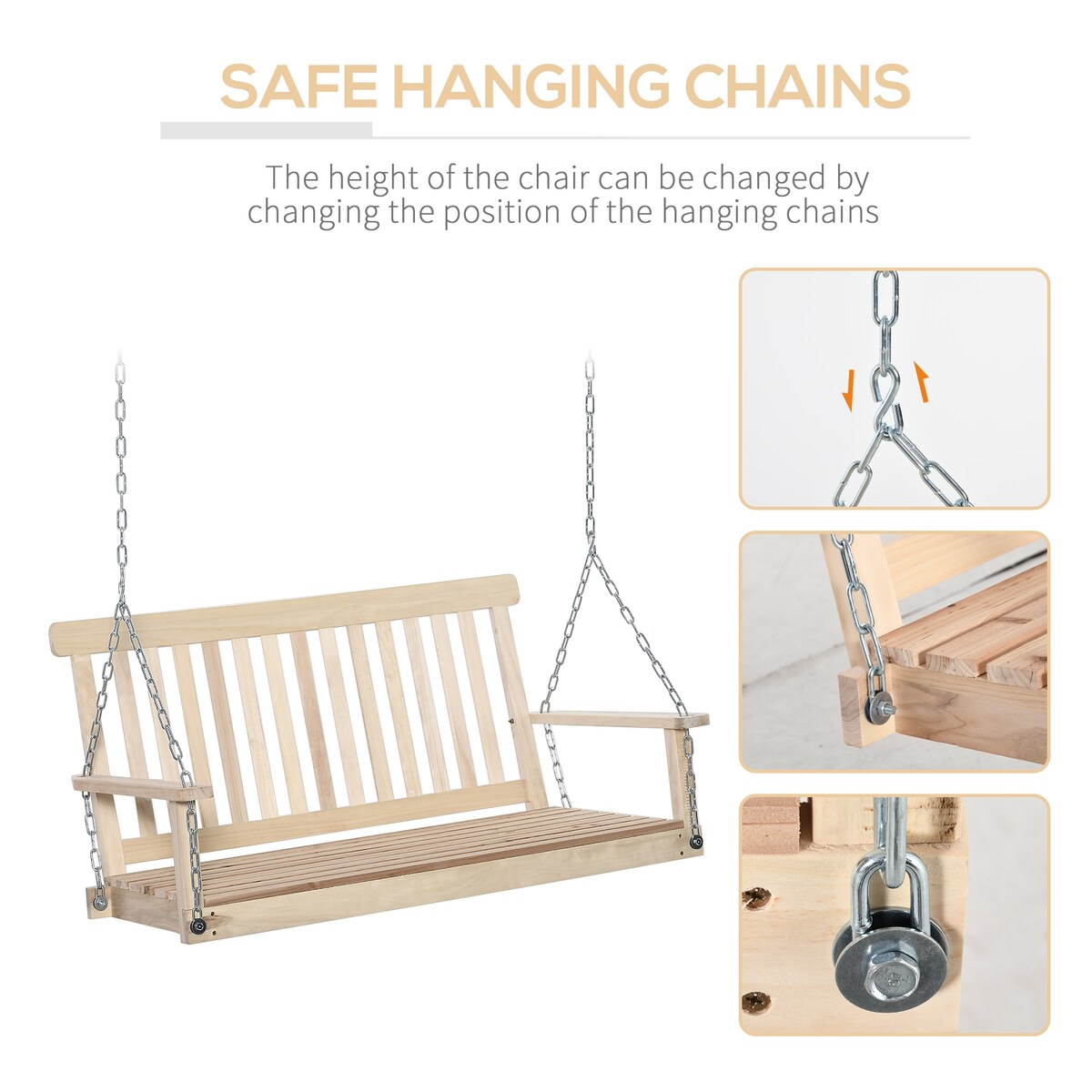 Outdoor hanging wooden porch swing with chain
