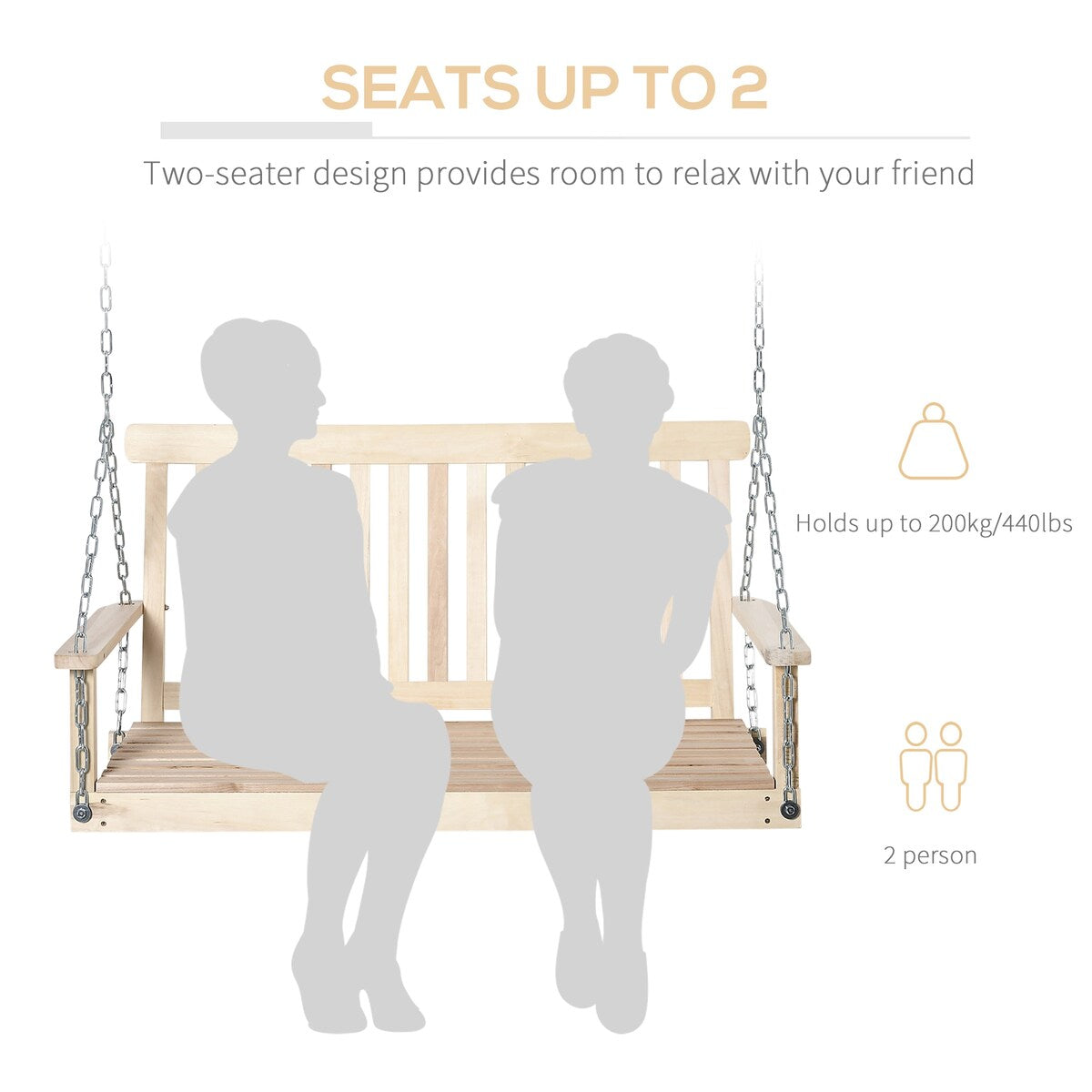 Outdoor hanging wooden porch swing with chain