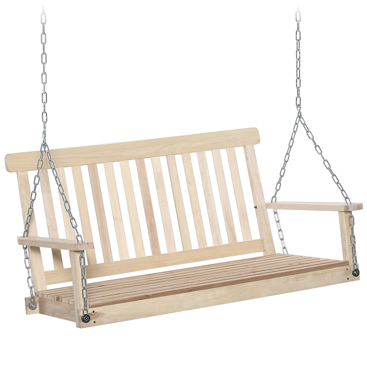 Outdoor hanging wooden porch swing with chain