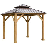 Outsunny 10' x 10' Hardtop Gazebo Canopy Patio Shelter Outdoor with Solid Wood Frame, Steel Double Tier Roof, Brown