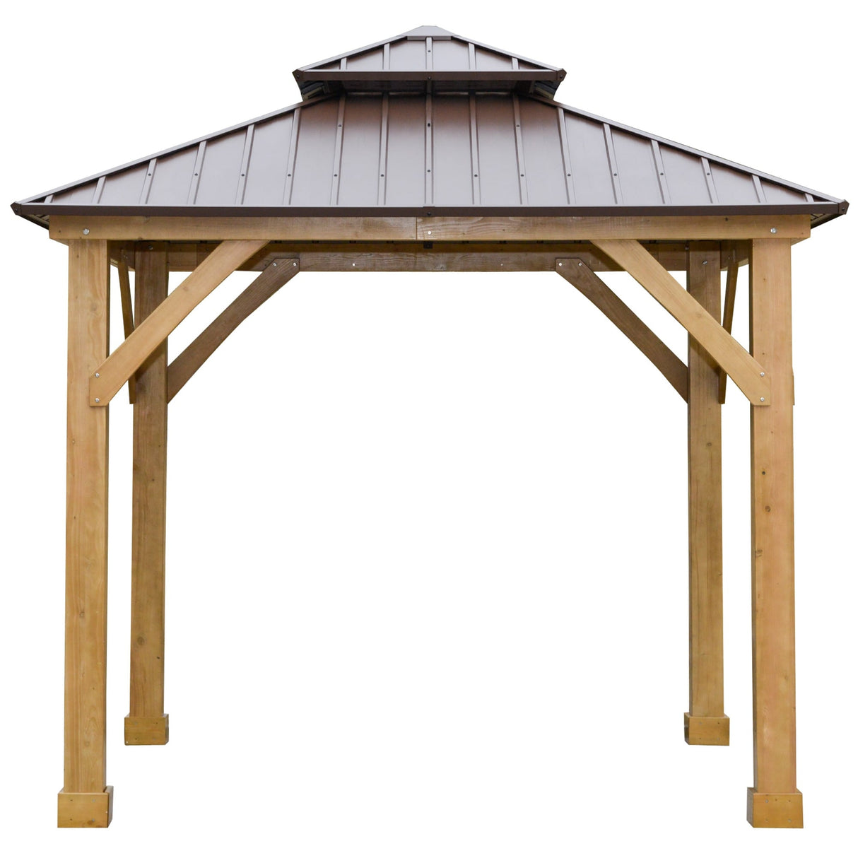 Outsunny 10' x 10' Hardtop Gazebo Canopy Patio Shelter Outdoor with Solid Wood Frame, Steel Double Tier Roof, Brown