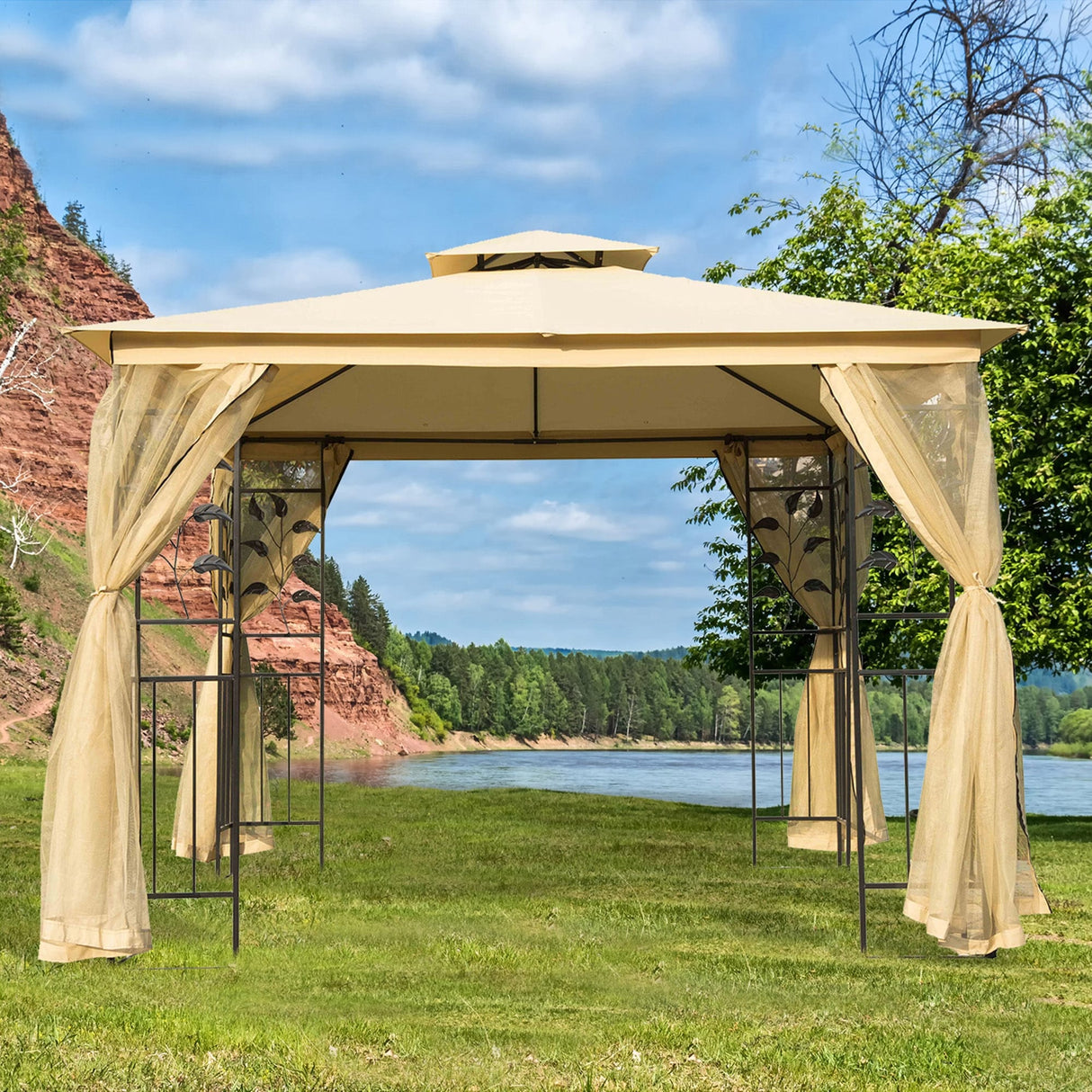 Outsunny 10' x 10' Steel Fabric Rectangle Outdoor Gazebo with Mesh Curtain Sidewalls