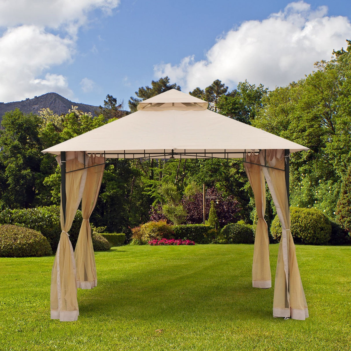 Outsunny 10'x10' Metal Outdoor Patio Gazebo Canopy Pavilion Grill Gazebo with Mesh Netting, and Double-Tier Roof