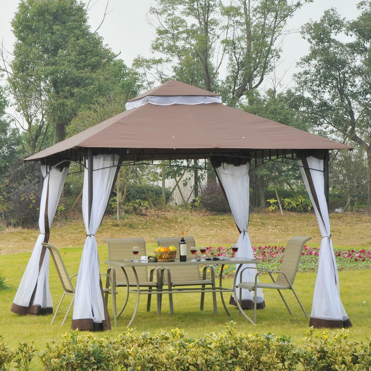 Outsunny 10'x10' Metal Outdoor Patio Gazebo Canopy Pavilion Grill Gazebo with Mesh Netting, and Double-Tier Roof