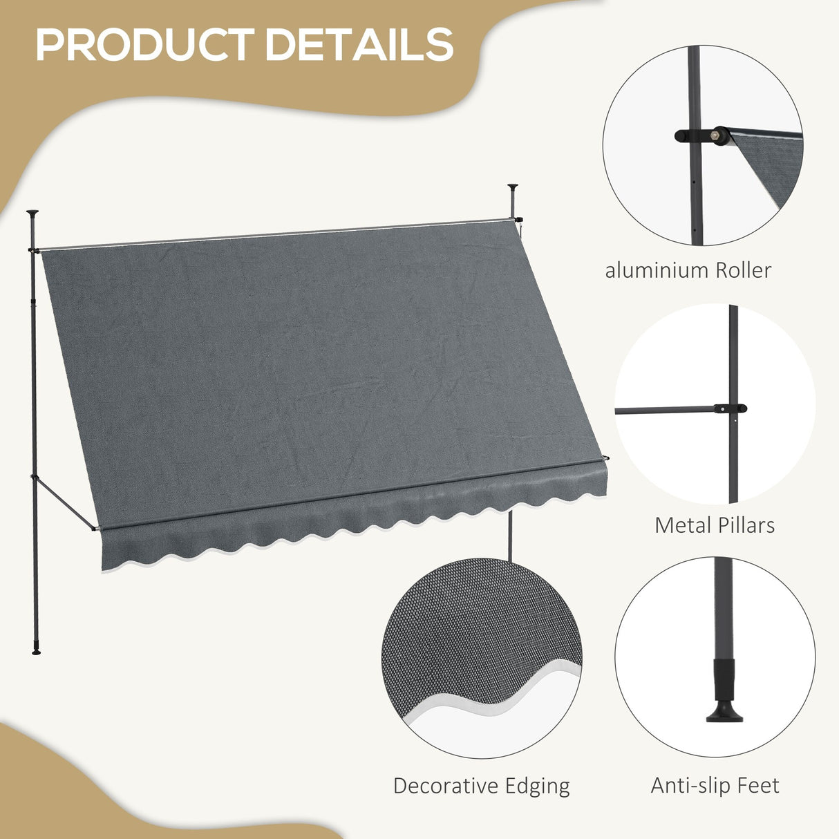 Outsunny 11.5' x 4' Manual Retractable Awning, Non-Screw Freestanding Patio Sun Shade Shelter with Support Pole Stand