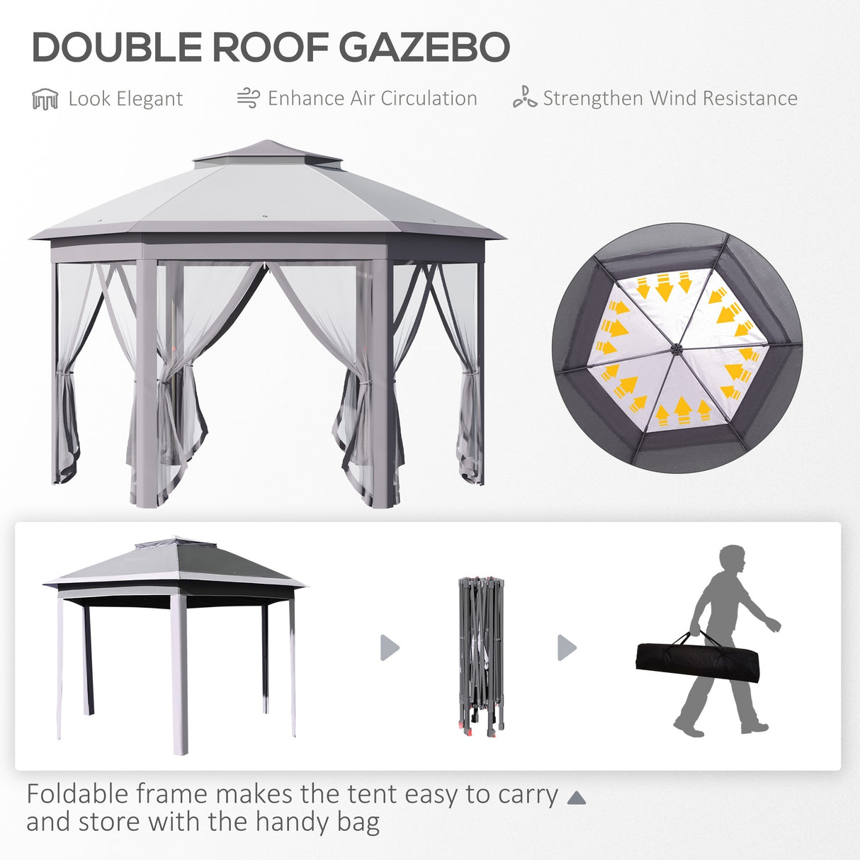 Outsunny 13'x11' Pop Up Gazebo, Double Roof Canopy Tent with Zippered Mesh Sidewalls, Height Adjustable and Carrying Bag
