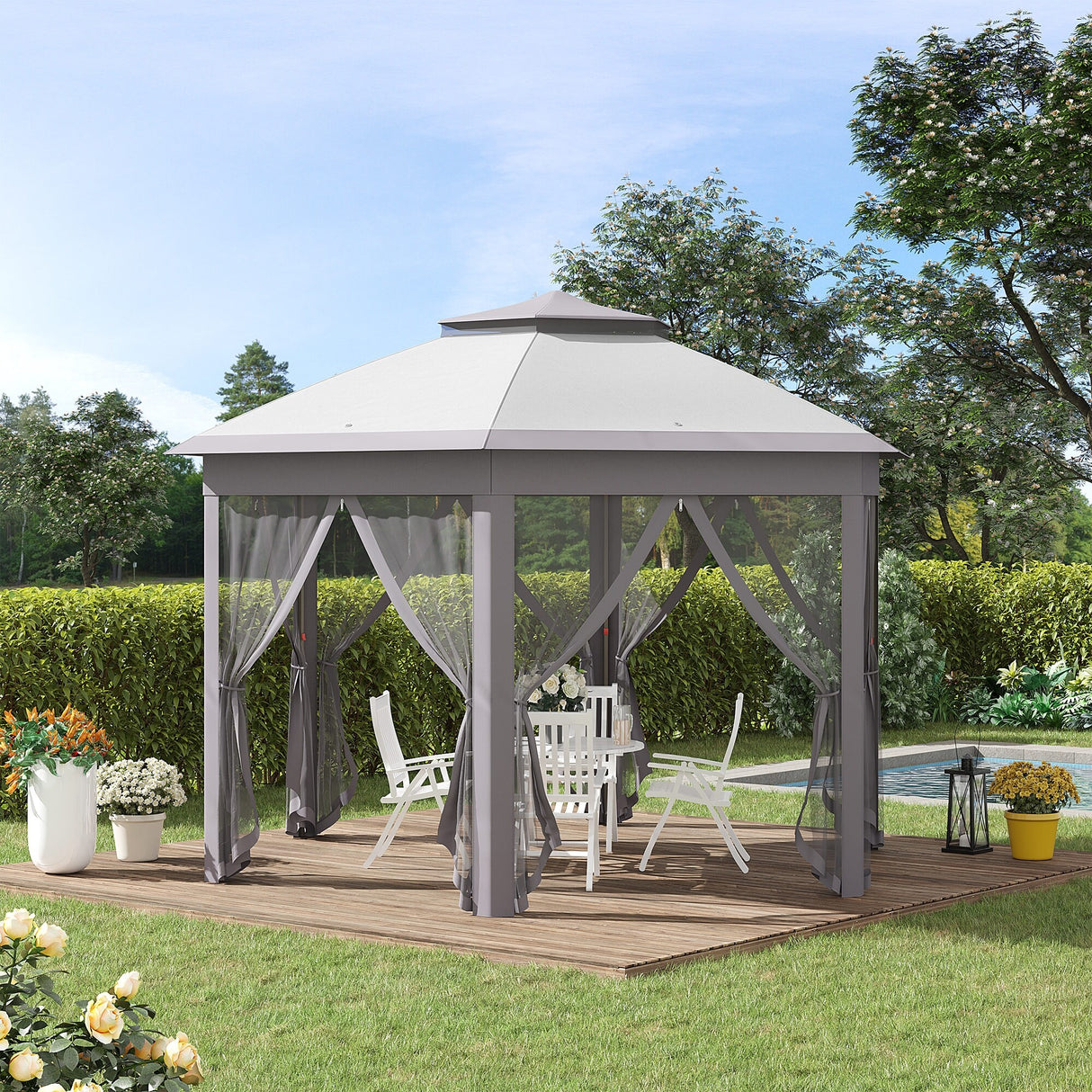 Outsunny 13'x11' Pop Up Gazebo, Double Roof Canopy Tent with Zippered Mesh Sidewalls, Height Adjustable and Carrying Bag