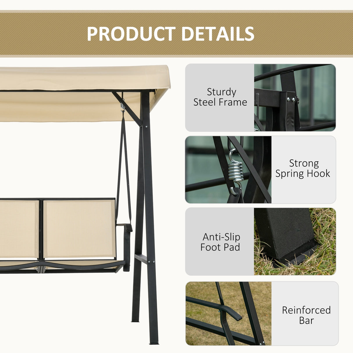 Outsunny 2-Person Patio Swings with Canopy, Outdoor Canopy Swing with Adjustable Shade, Breathable Mesh Seats and Steel Frame