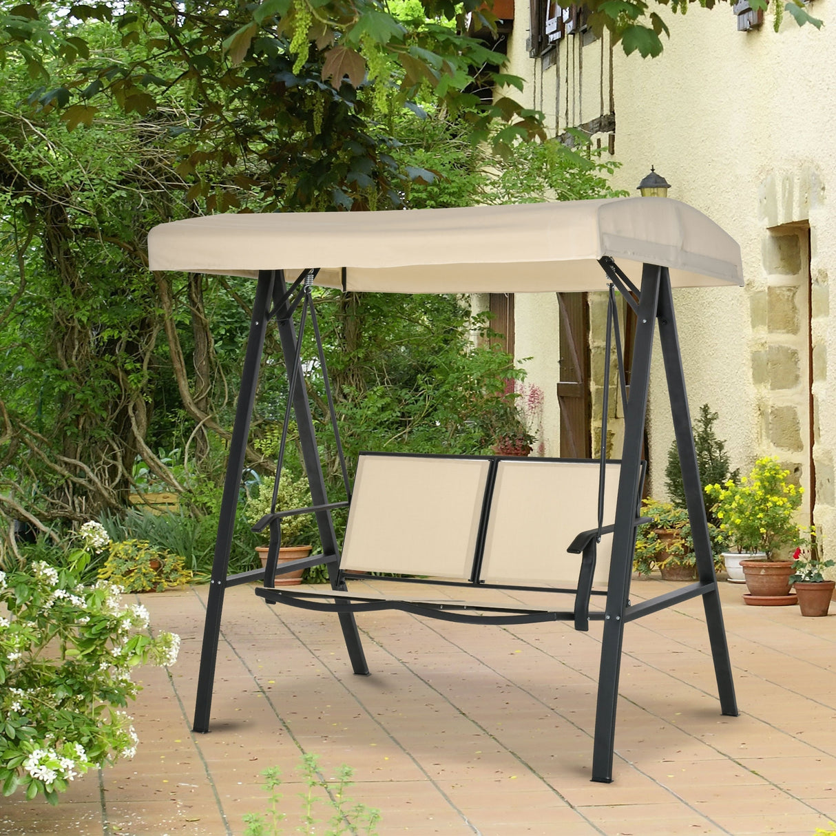 Outsunny 2-Person Patio Swings with Canopy, Outdoor Canopy Swing with Adjustable Shade, Breathable Mesh Seats and Steel Frame
