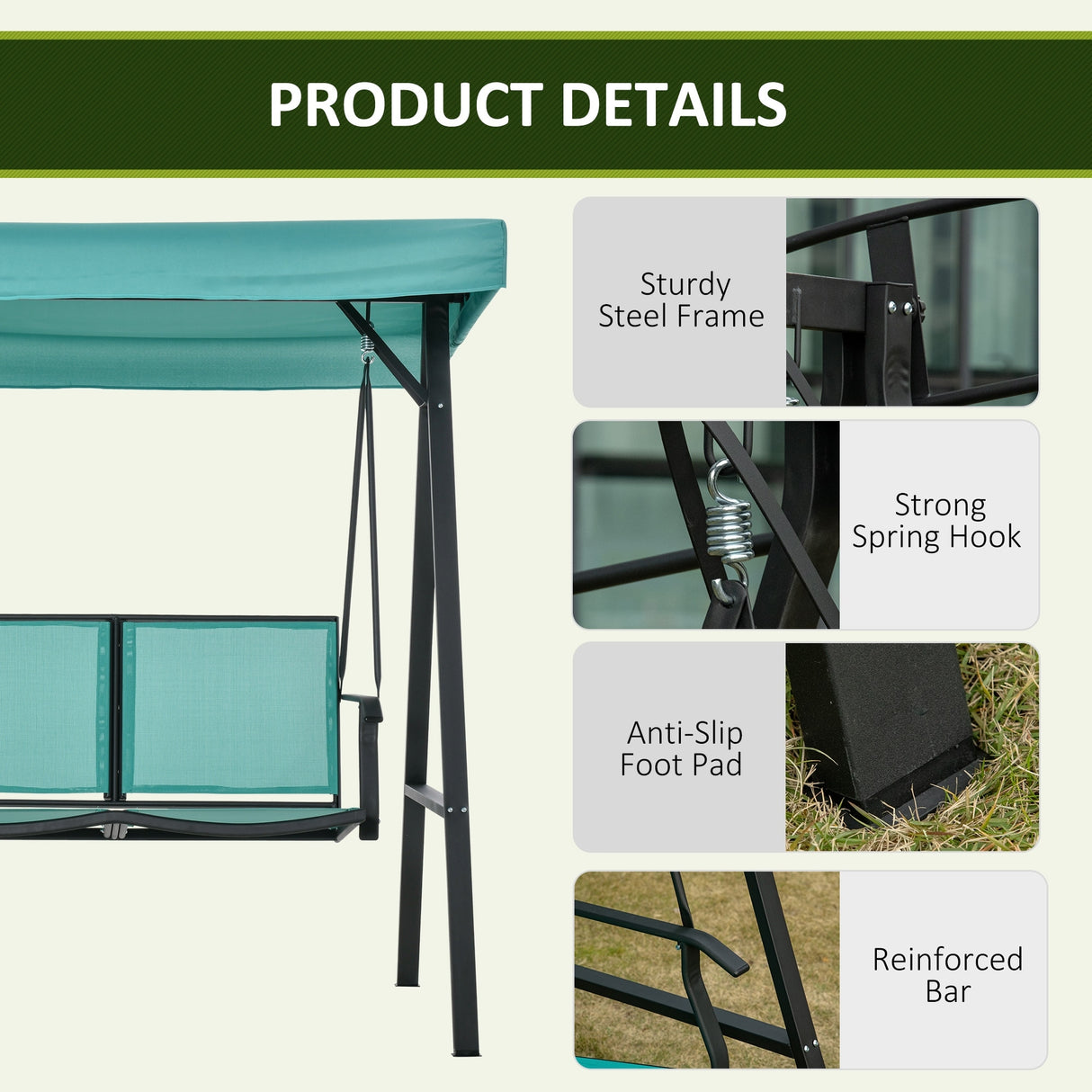 Outsunny 2-Person Patio Swings with Canopy, Outdoor Canopy Swing with Adjustable Shade, Breathable Mesh Seats and Steel Frame