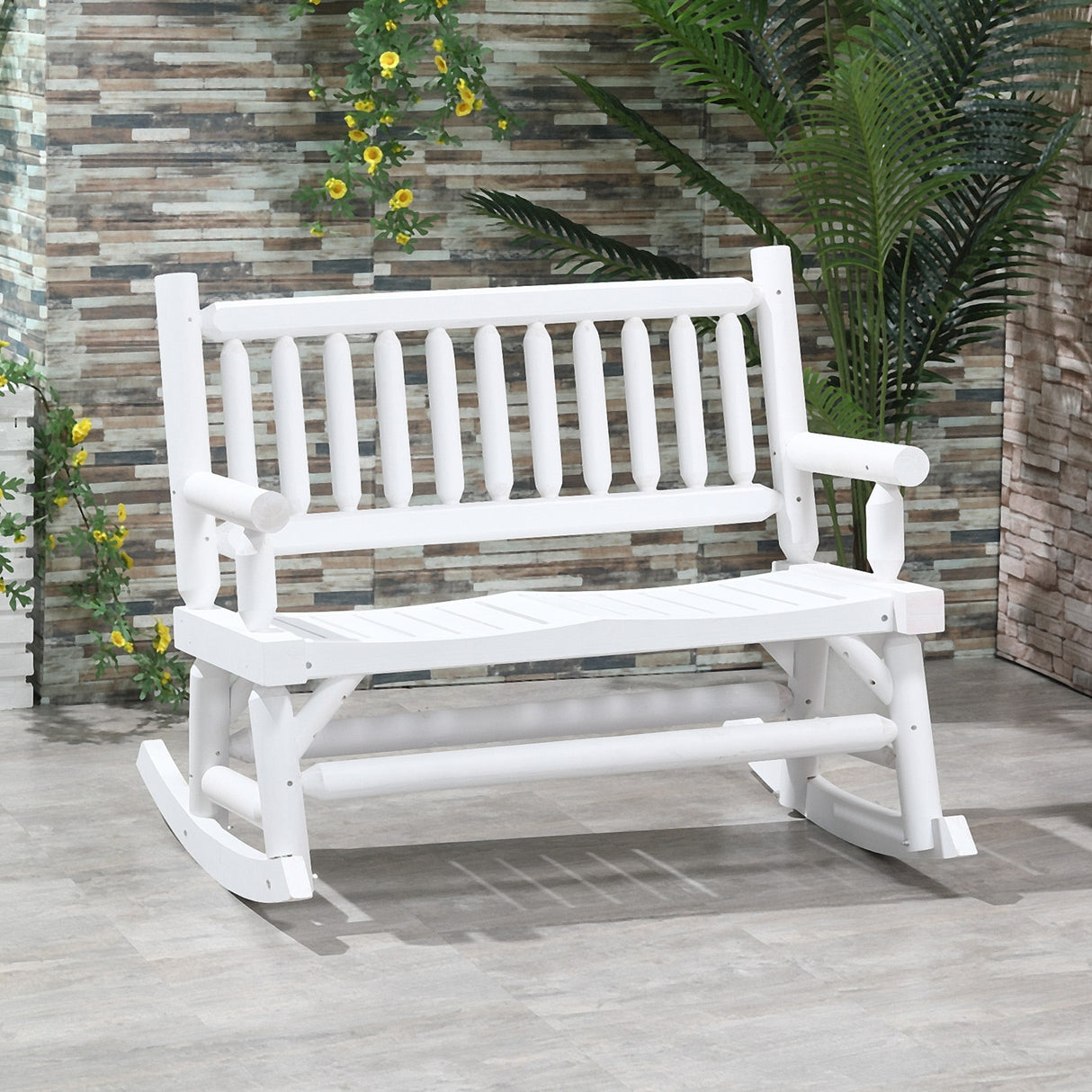 Outsunny 2-Person Wooden Rocking Chair Rocker Bench with Relaxing Swinging Motion