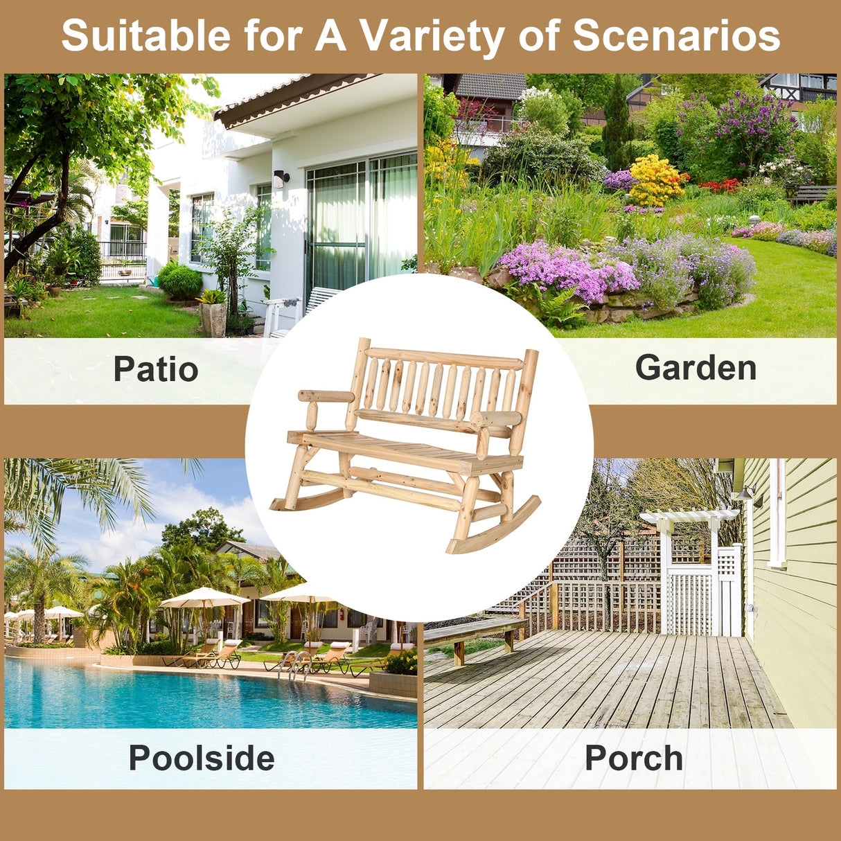 Outsunny 2-Person Wooden Rocking Chair Rocker Bench with Relaxing Swinging Motion