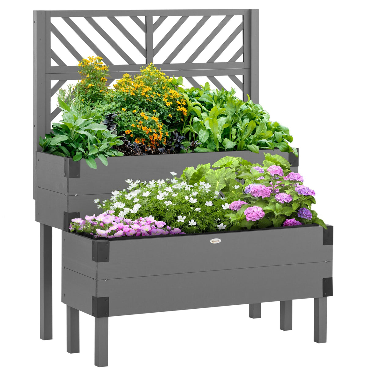 Outsunny 2 Tier Raised Garden Bed with Trellis, Wooden Elevated Planter Box with Legs and Metal Corners