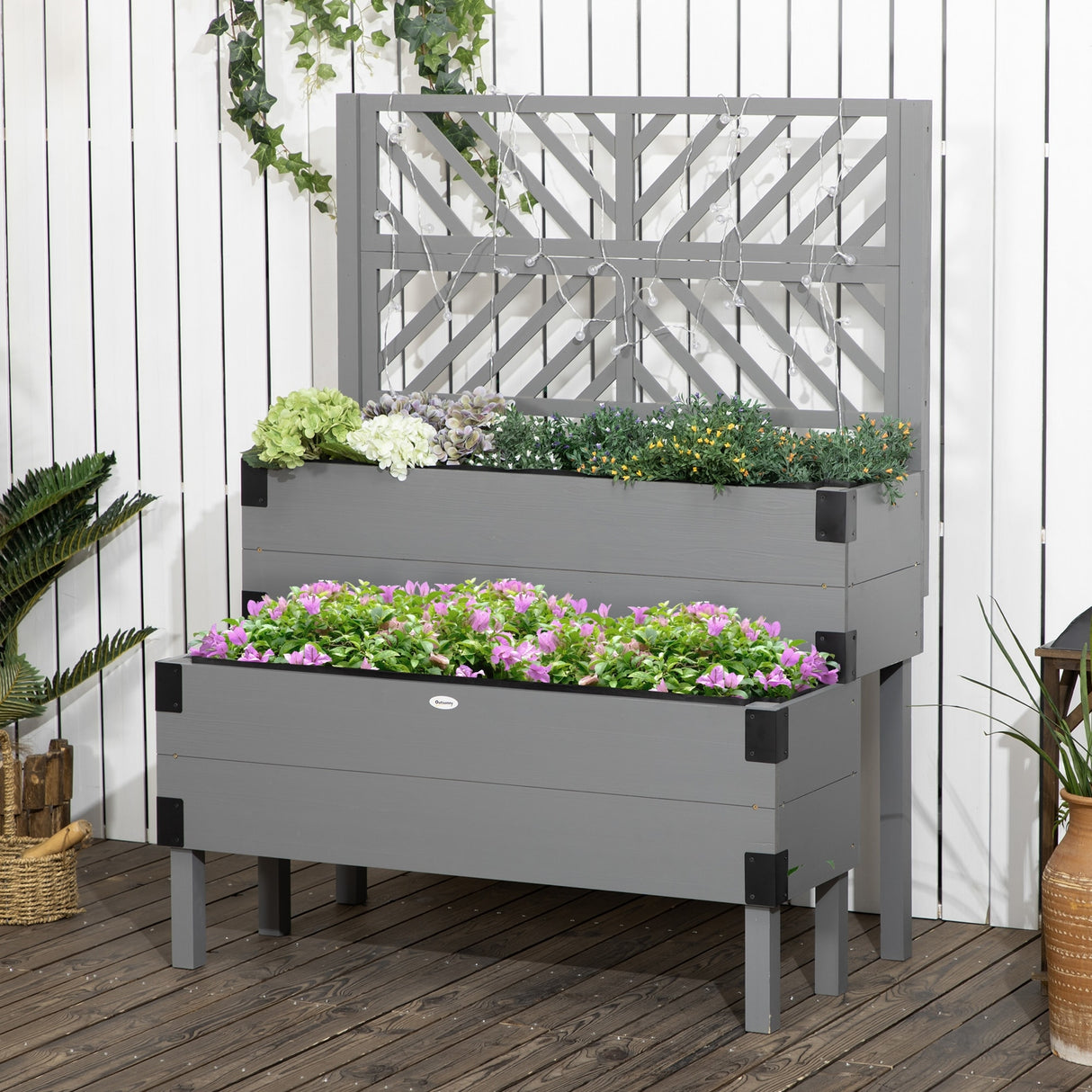 Outsunny 2 Tier Raised Garden Bed with Trellis, Wooden Elevated Planter Box with Legs and Metal Corners