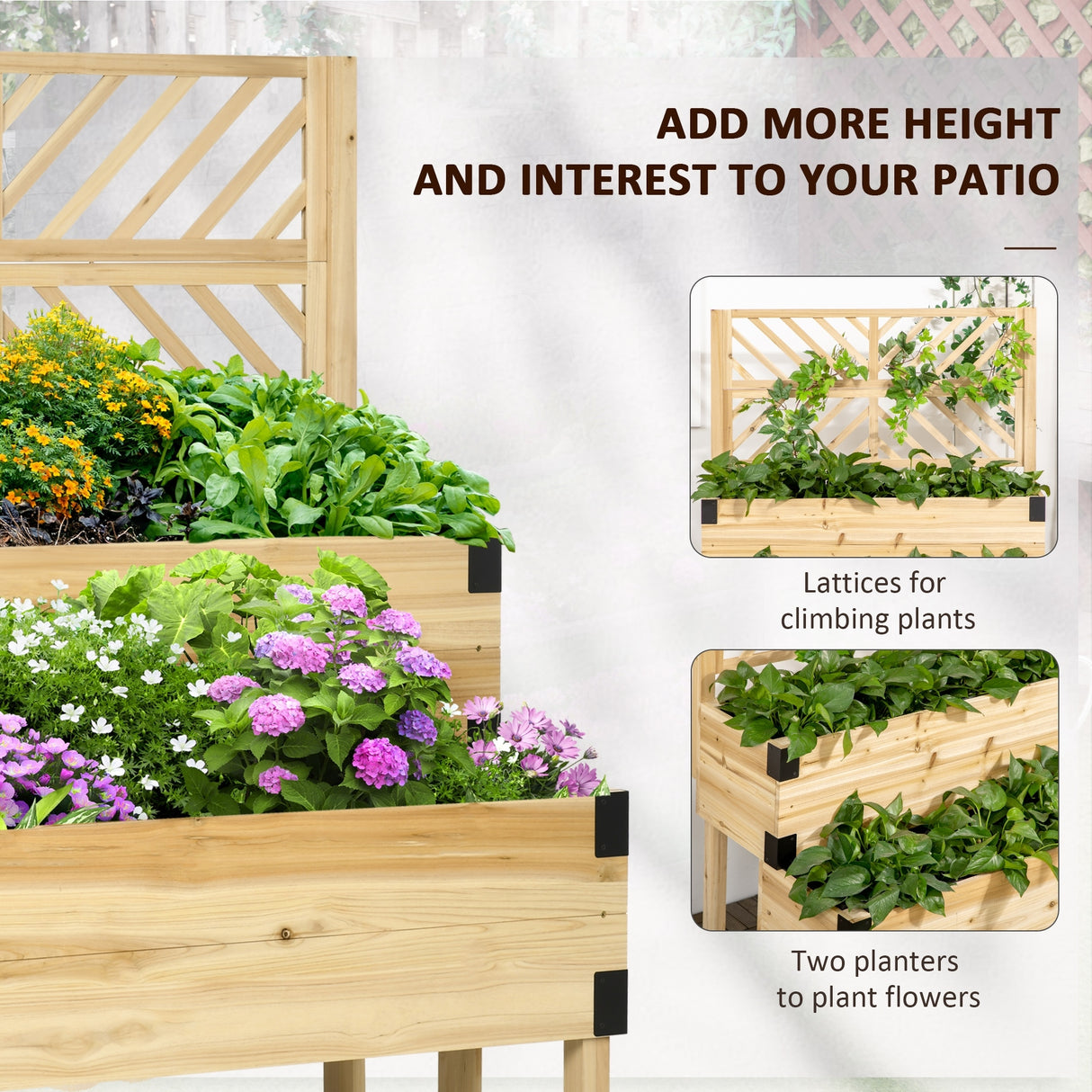 Outsunny 2 Tier Raised Garden Bed with Trellis, Wooden Elevated Planter Box with Legs and Metal Corners