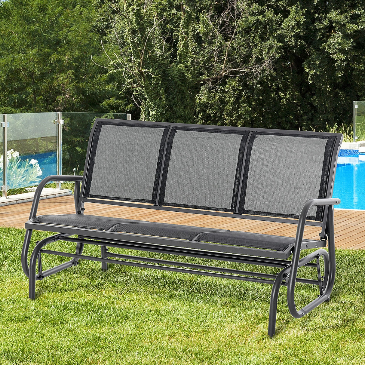 Outsunny 3-Person Patio Glider Bench, Outdoor Porch Glider Swing with 3 Seats, Breathable Mesh Fabric, Metal Frame, Cream White