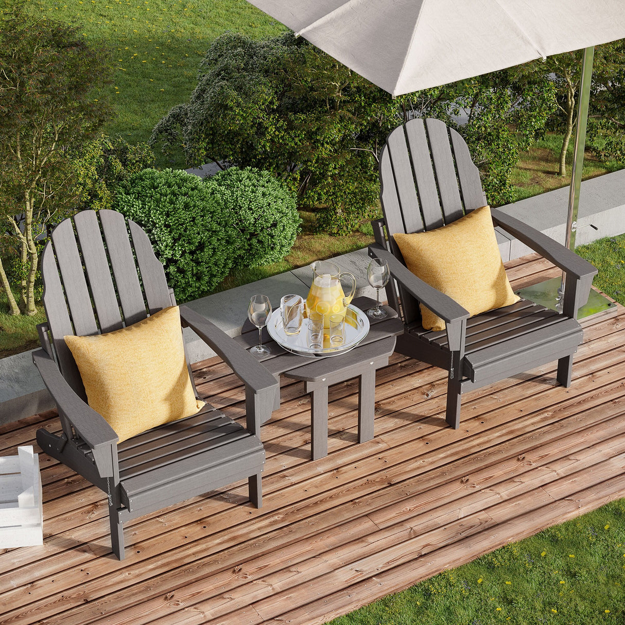 Outsunny 3 Piece Adirondack Chair Set with Side Table, All Weather Foldable Adirondack Chair, Plastic Lounger Fire Pit Seating