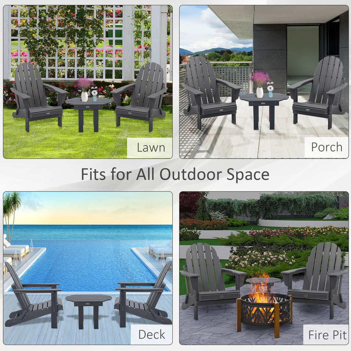 Outsunny 3 Piece Adirondack Chair Set with Side Table, All Weather Foldable Adirondack Chair, Plastic Lounger Fire Pit Seating