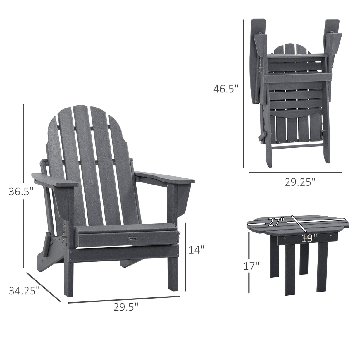 Outsunny 3 Piece Adirondack Chair Set with Side Table, All Weather Foldable Adirondack Chair, Plastic Lounger Fire Pit Seating