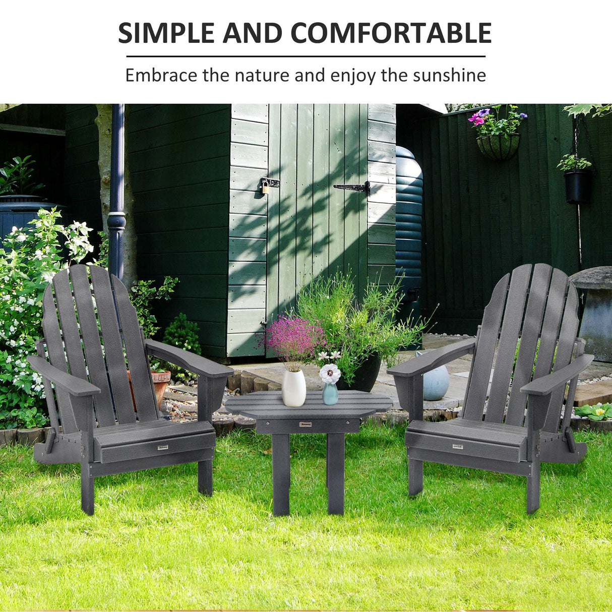 Outsunny 3 Piece Adirondack Chair Set with Side Table, All Weather Foldable Adirondack Chair, Plastic Lounger Fire Pit Seating