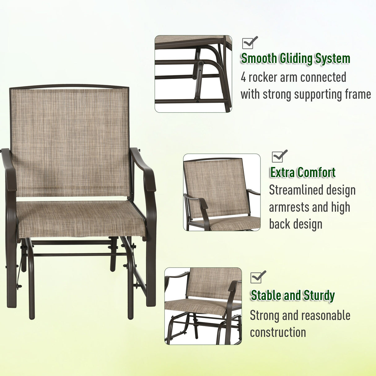 Outsunny 3 Piece Outdoor Glider Chair with Coffee Table Bistro Set, 2 Patio Rocking Swing Chairs with Breathable Sling Fabric