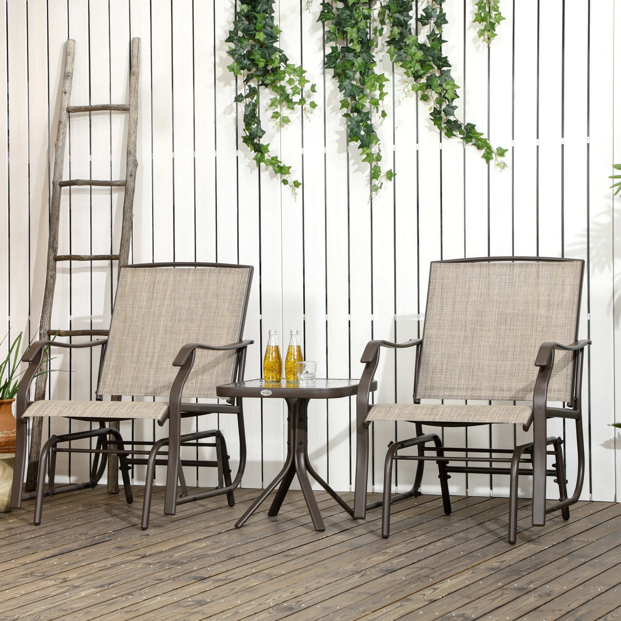 Outsunny 3 Piece Outdoor Glider Chair with Coffee Table Bistro Set, 2 Patio Rocking Swing Chairs with Breathable Sling Fabric