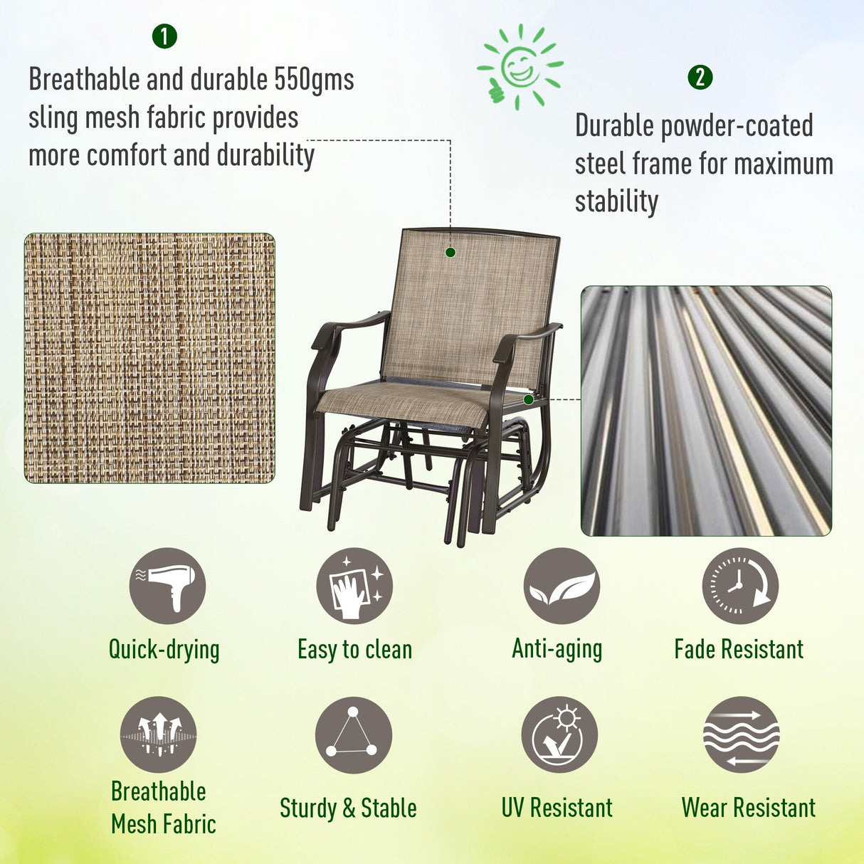 Outsunny 3 Piece Outdoor Glider Chair with Coffee Table Bistro Set, 2 Patio Rocking Swing Chairs with Breathable Sling Fabric