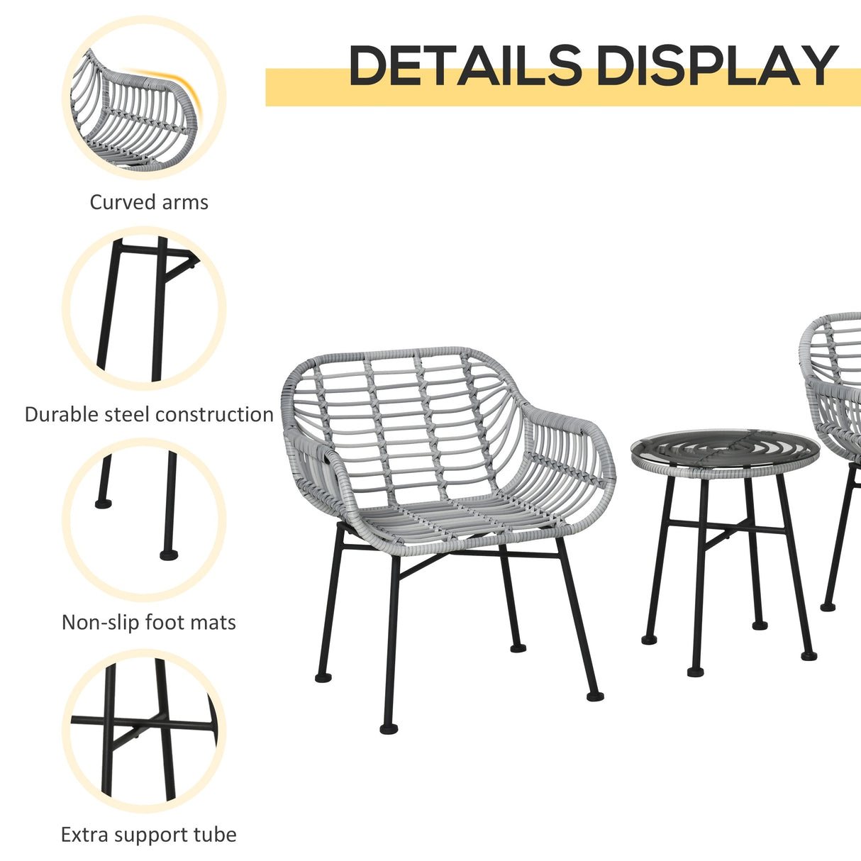Outsunny 3 Pieces Patio PE Rattan Bistro Set, Outdoor Round Wicker Woven Coffee Set, Conversation Furniture Set