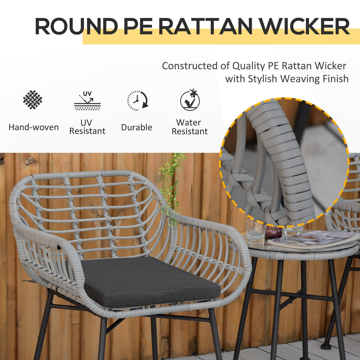 Outsunny 3 Pieces Patio PE Rattan Bistro Set, Outdoor Round Wicker Woven Coffee Set, Conversation Furniture Set
