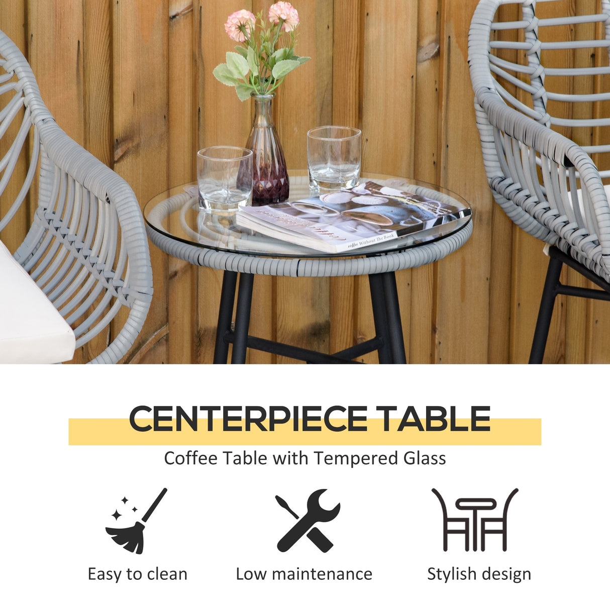 Outsunny 3 Pieces Patio PE Rattan Bistro Set, Outdoor Round Wicker Woven Coffee Set, Conversation Furniture Set