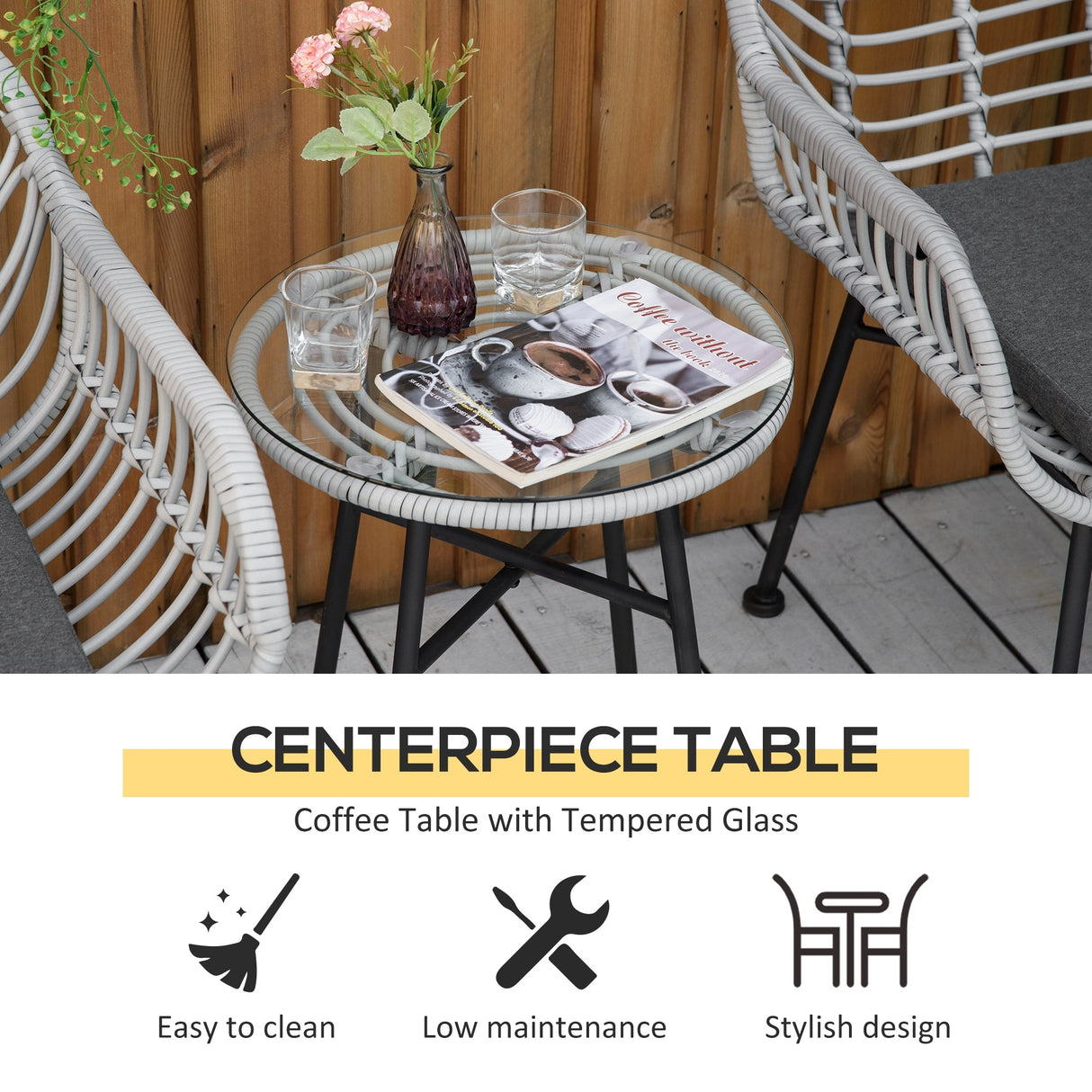 Outsunny 3 Pieces Patio PE Rattan Bistro Set, Outdoor Round Wicker Woven Coffee Set, Conversation Furniture Set