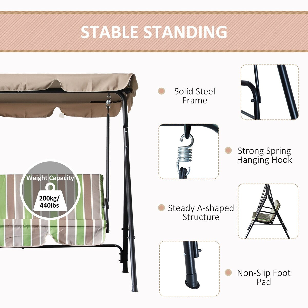 Outsunny 3-Seat Outdoor Patio Swing Chair - N/A