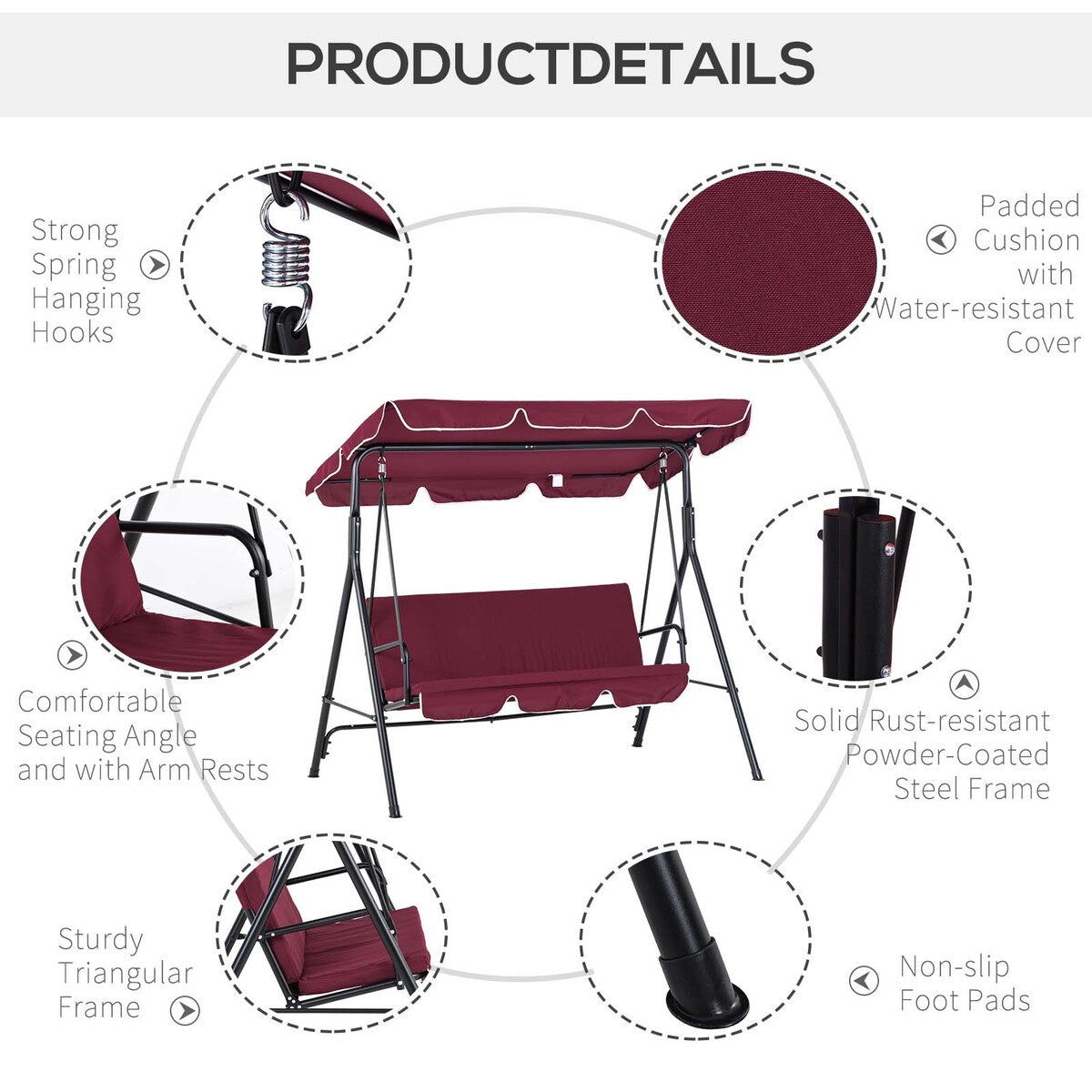 Outsunny 3-Seat Outdoor Patio Swing Chair - N/A