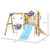 Outsunny 3 in 1 Wooden Swing Set with Slide, Baby Swing Seat, Fort, Wheel, Telescope, Mailbox, 1.5-4 Years Old, 67"x79"x46.5"