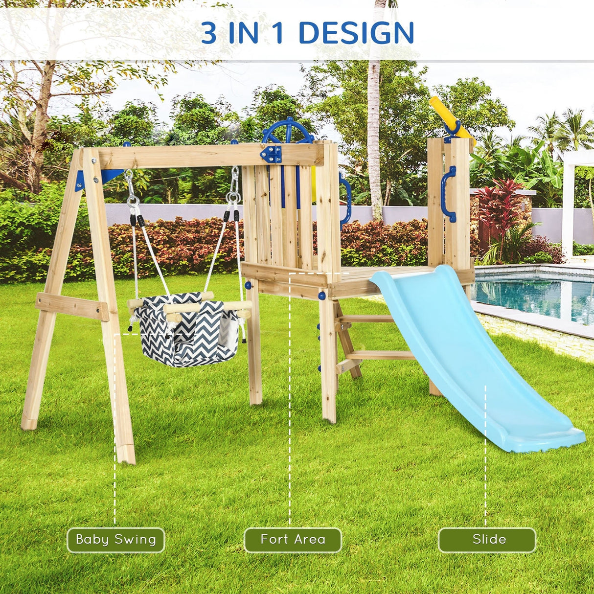 Outsunny 3 in 1 Wooden Swing Set with Slide, Baby Swing Seat, Fort, Wheel, Telescope, Mailbox, 1.5-4 Years Old, 67"x79"x46.5"