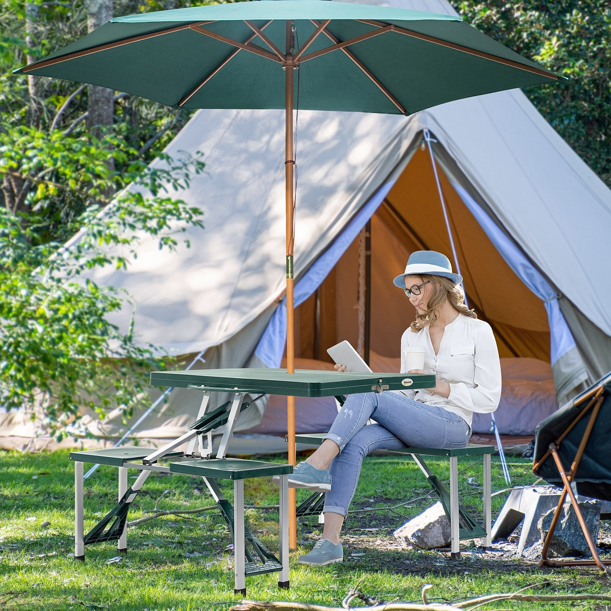 Outsunny 4 Person Plastic Portable Compact Folding Suitcase Picnic Table Set With Umbrella Hole Green