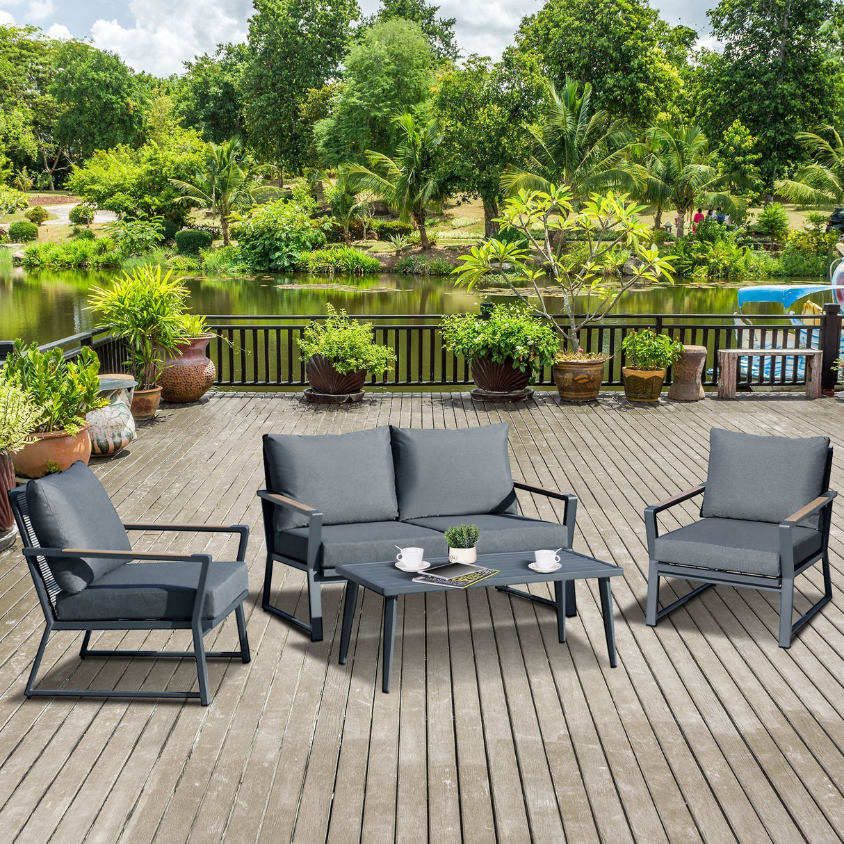 Outsunny 4 Piece Patio Furniture Set, Aluminum Conversation Set, Outdoor Garden Sofa Set