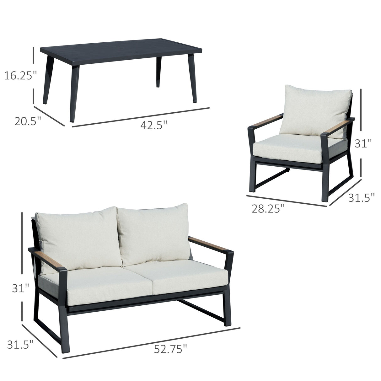 Outsunny 4 Piece Patio Furniture Set, Aluminum Conversation Set, Outdoor Garden Sofa Set