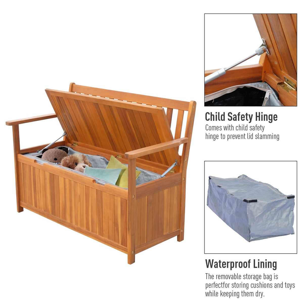 Outsunny 47" Wooden Outdoor Storage Bench with Removable Waterproof Lining