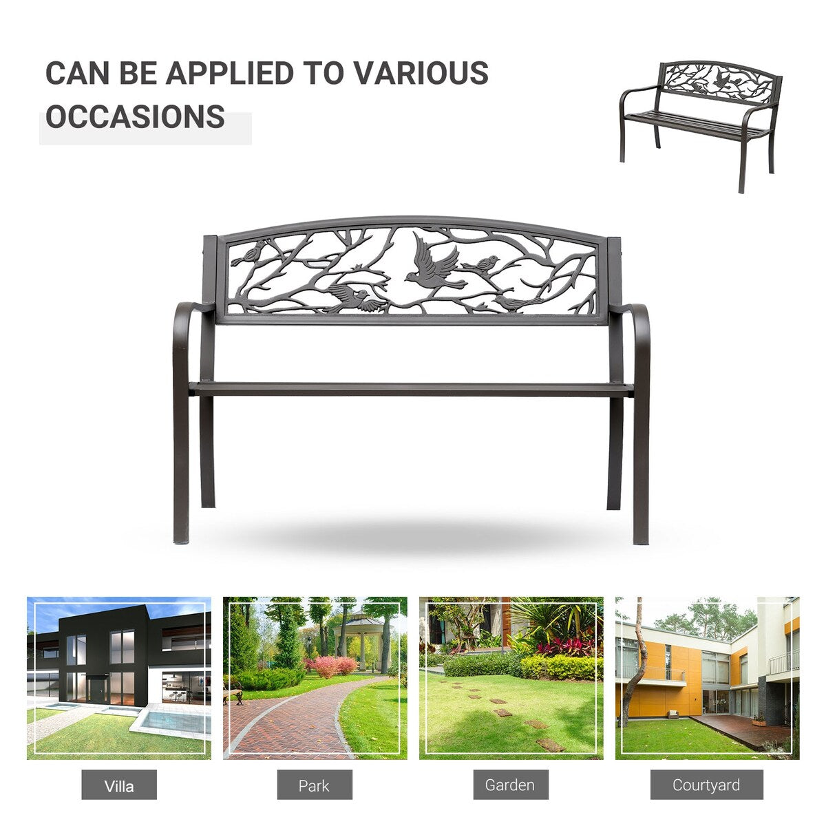 Outsunny 50" Garden Bench, Outdoor Patio Bench with Animal Pattern, Cast Steel Metal Bench