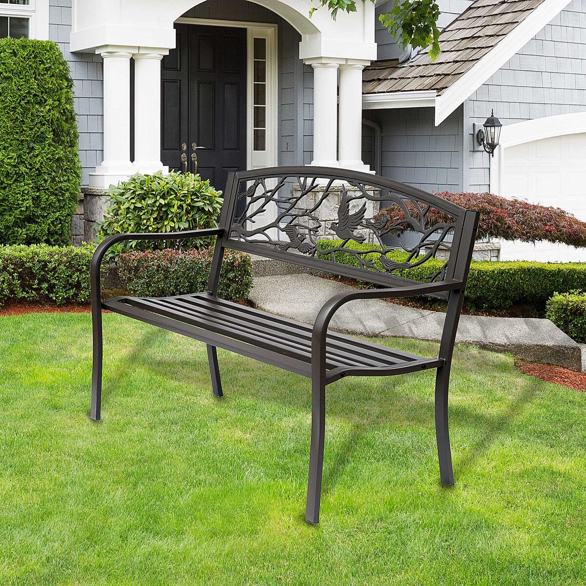Outsunny 50" Garden Bench, Outdoor Patio Bench with Animal Pattern, Cast Steel Metal Bench